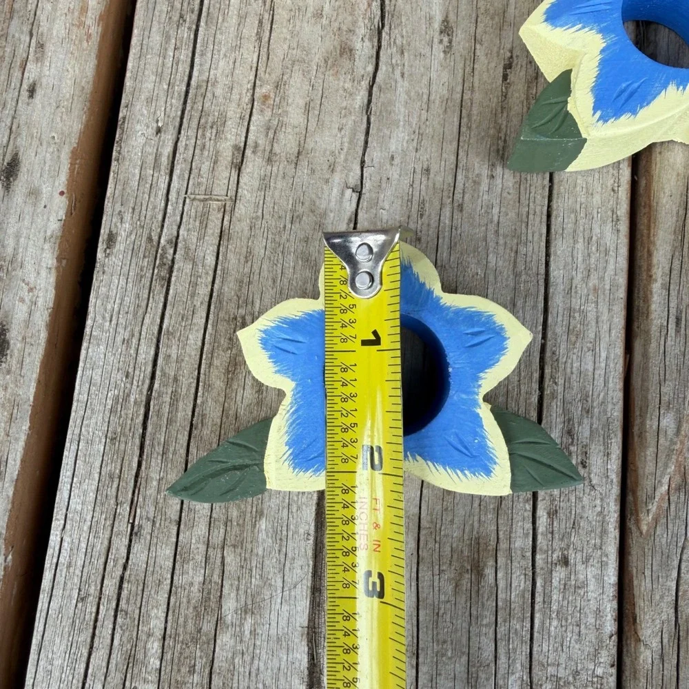 Vtg Floral Wooden Napkin Rings 8 Set Blue Yellow Hand Painted Rustic Cottagecore